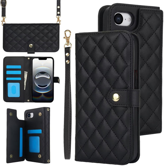 Quilted Leather Wallet Case For iPhone 17 16 15 14 13 12 11 8 7 Pro Max Crossbody Strap Wristlet Flip Folio Card Holder Kickstand Phone Case Q14 - QuiltedCases