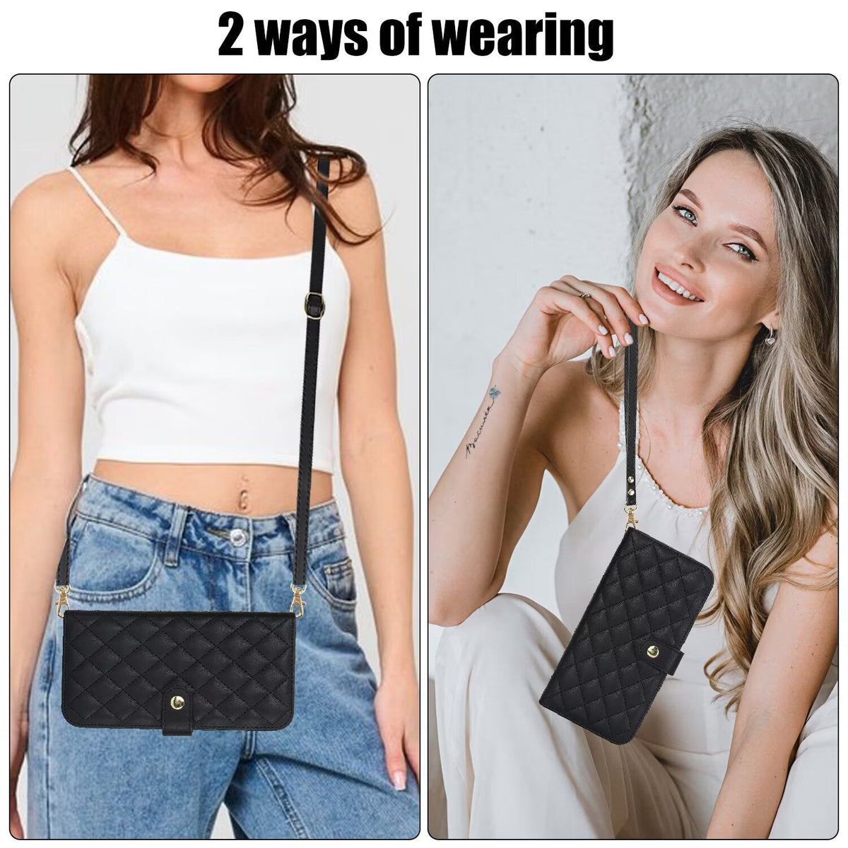 Quilted Leather Wallet Case For iPhone 17 16 15 14 13 12 11 8 7 Pro Max Crossbody Strap Wristlet Flip Folio Card Holder Kickstand Phone Case Q14 - QuiltedCases