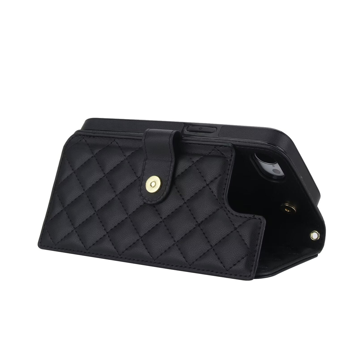 Quilted Leather Wallet Case For iPhone 17 16 15 14 13 12 11 8 7 Pro Max Crossbody Strap Wristlet Flip Folio Card Holder Kickstand Phone Case Q14 - QuiltedCases