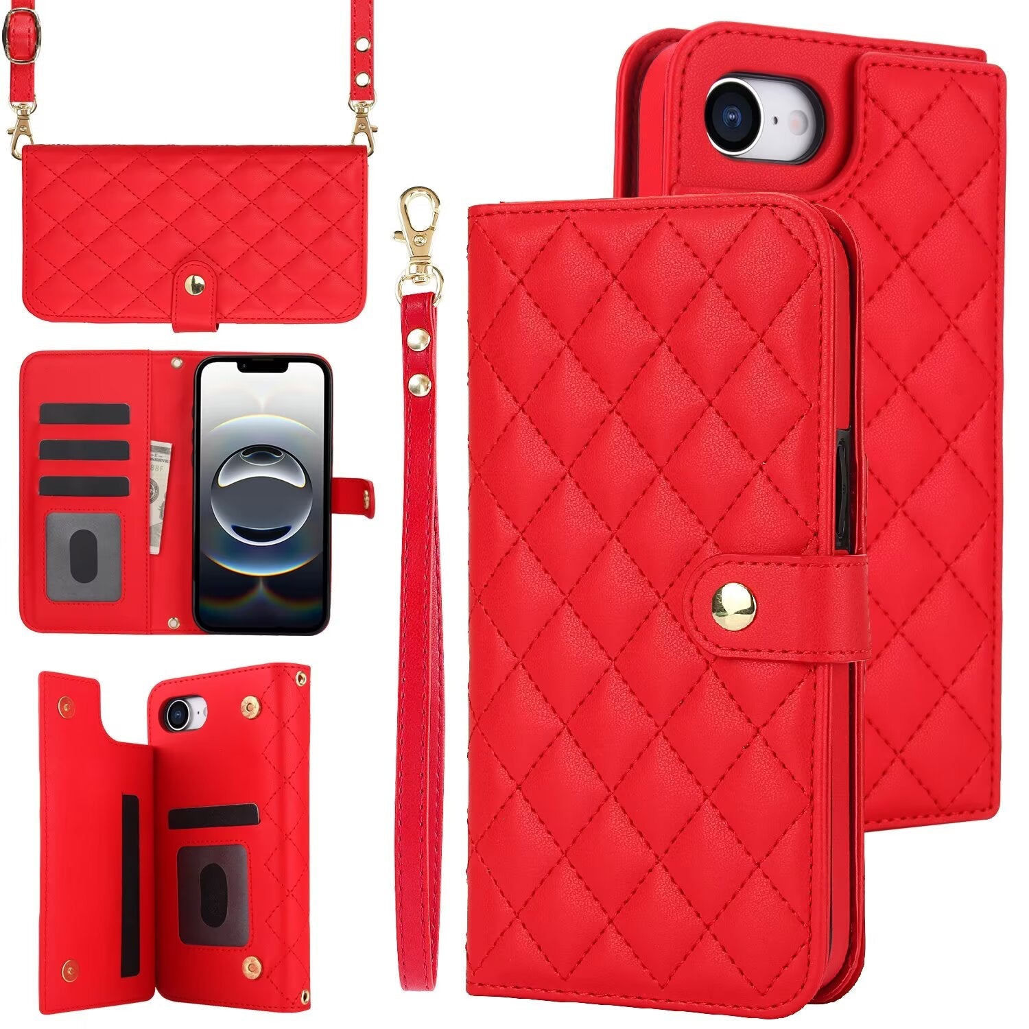 Quilted Leather Wallet Case For iPhone 17 16 15 14 13 12 11 8 7 Pro Max Crossbody Strap Wristlet Flip Folio Card Holder Kickstand Phone Case Q15 - QuiltedCases
