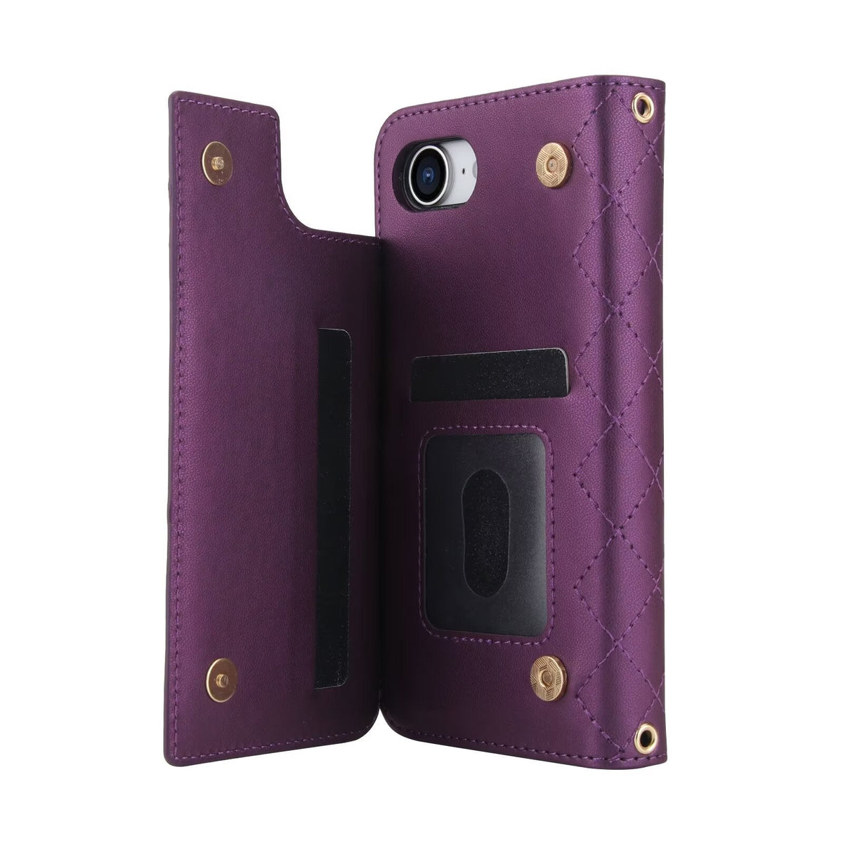 Quilted Leather Wallet Case For iPhone 17 16 15 14 13 12 11 8 7 Pro Max Crossbody Strap Wristlet Flip Folio Card Holder Kickstand Phone Case Q16 - QuiltedCases
