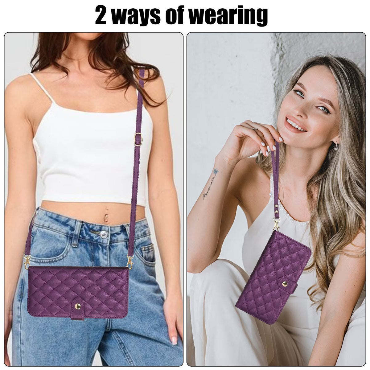 Quilted Leather Wallet Case For iPhone 17 16 15 14 13 12 11 8 7 Pro Max Crossbody Strap Wristlet Flip Folio Card Holder Kickstand Phone Case Q16 - QuiltedCases