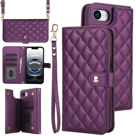 Quilted Leather Wallet Case For iPhone 17 16 15 14 13 12 11 8 7 Pro Max Crossbody Strap Wristlet Flip Folio Card Holder Kickstand Phone Case Q16 - QuiltedCases