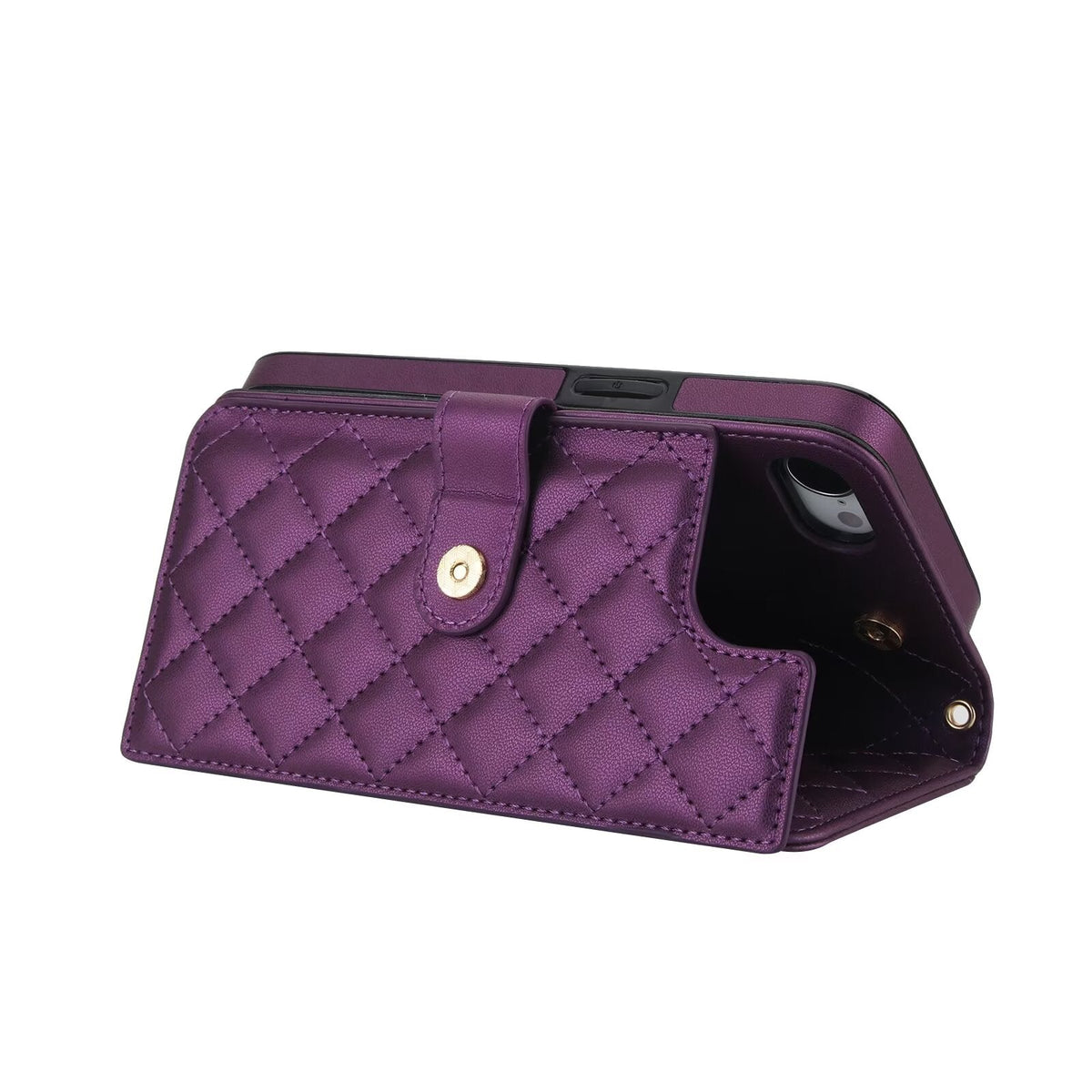 Quilted Leather Wallet Case For iPhone 17 16 15 14 13 12 11 8 7 Pro Max Crossbody Strap Wristlet Flip Folio Card Holder Kickstand Phone Case Q16 - QuiltedCases