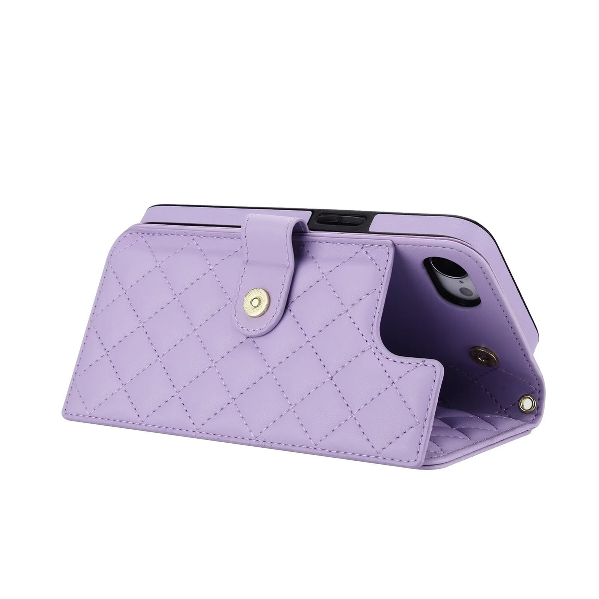 Quilted Leather Wallet Case For iPhone 17 16 15 14 13 12 11 8 7 Pro Max Crossbody Strap Wristlet Flip Folio Card Holder Kickstand Phone Case Q17 - QuiltedCases