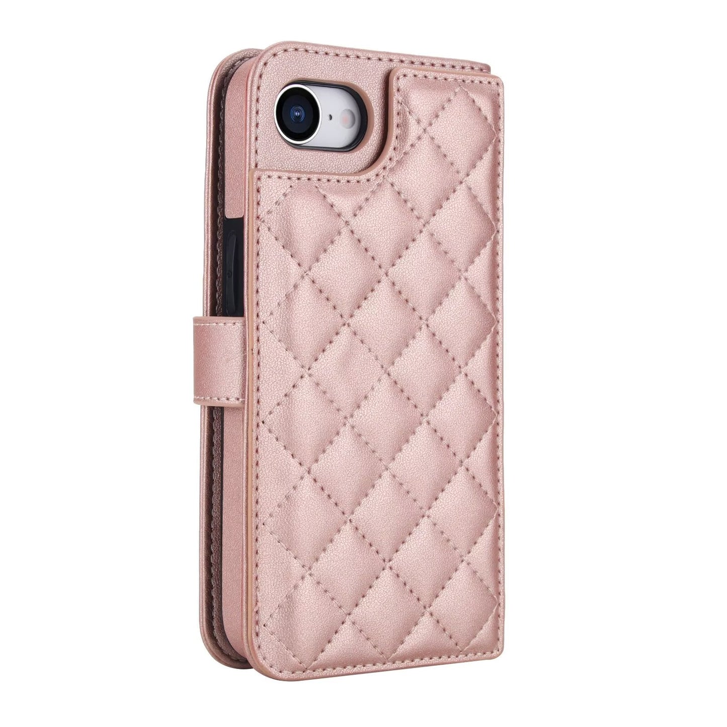 Quilted Leather Wallet Case For iPhone 17 16 15 14 13 12 11 8 7 Pro Max Crossbody Strap Wristlet Flip Folio Card Holder Kickstand Phone Case Q18 - QuiltedCases