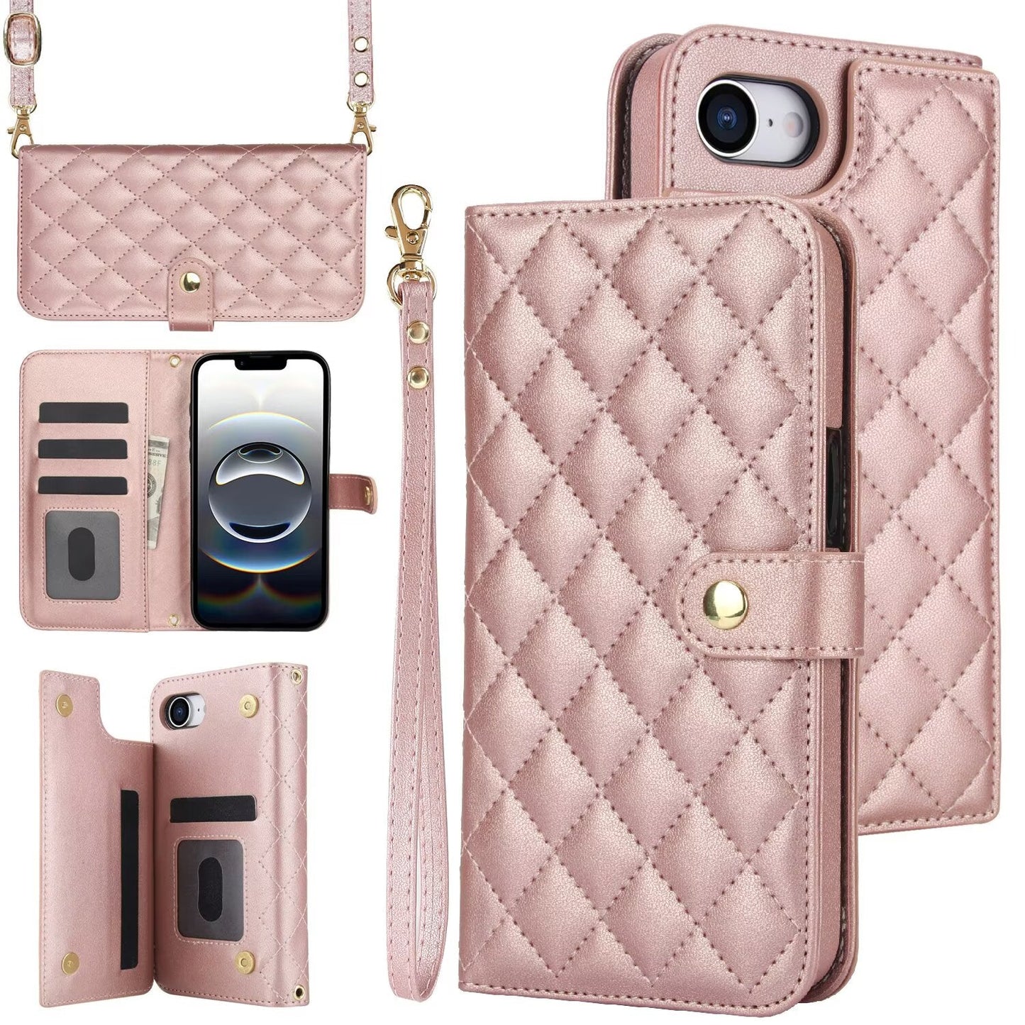 Quilted Leather Wallet Case For iPhone 17 16 15 14 13 12 11 8 7 Pro Max Crossbody Strap Wristlet Flip Folio Card Holder Kickstand Phone Case Q18 - QuiltedCases