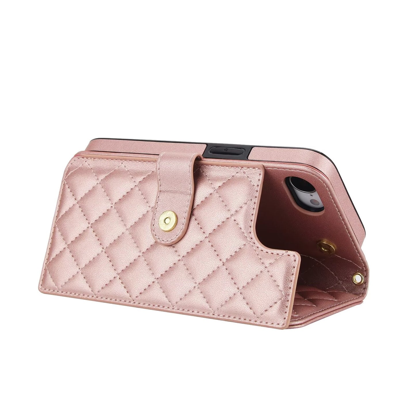 Quilted Leather Wallet Case For iPhone 17 16 15 14 13 12 11 8 7 Pro Max Crossbody Strap Wristlet Flip Folio Card Holder Kickstand Phone Case Q18 - QuiltedCases