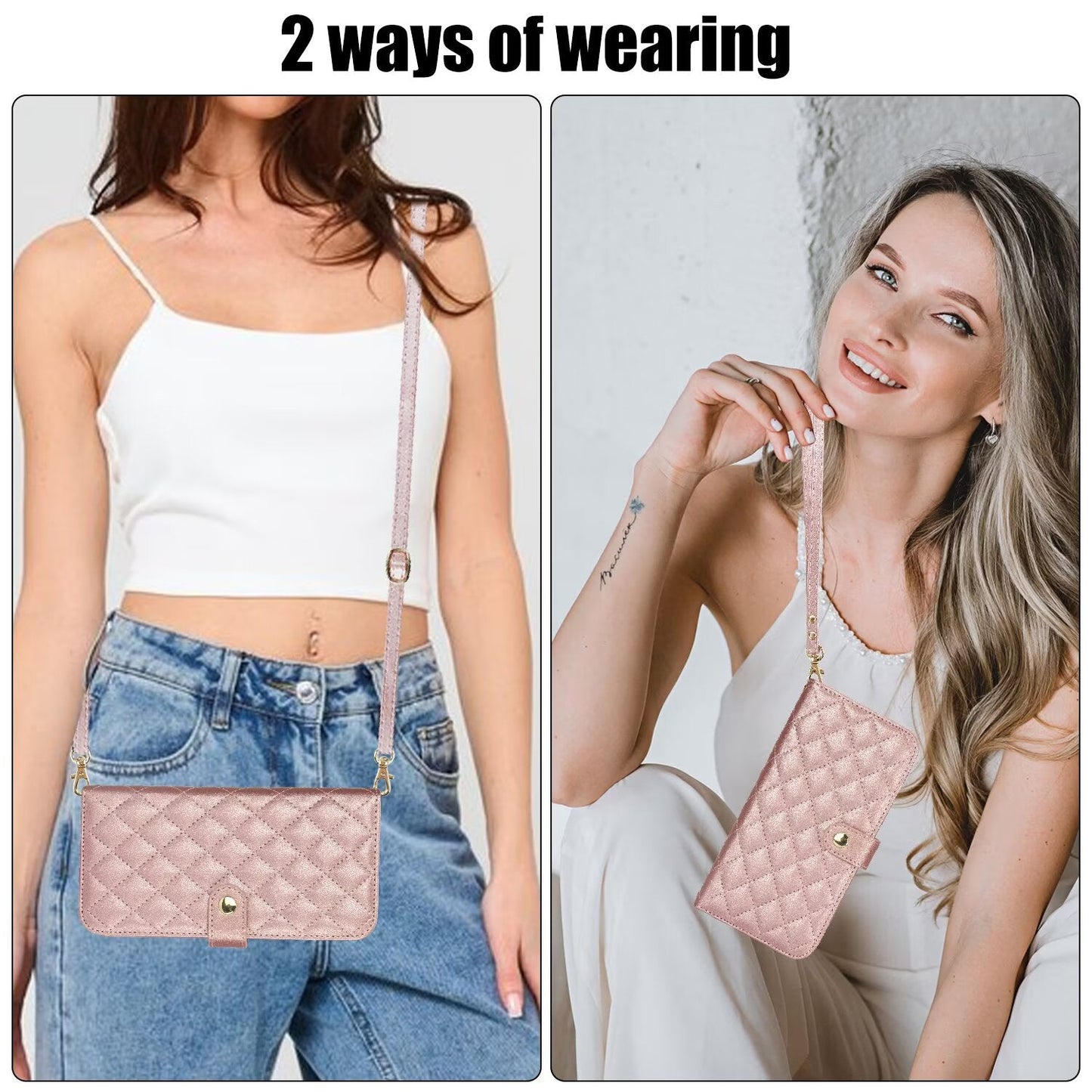 Quilted Leather Wallet Case For iPhone 17 16 15 14 13 12 11 8 7 Pro Max Crossbody Strap Wristlet Flip Folio Card Holder Kickstand Phone Case Q18 - QuiltedCases