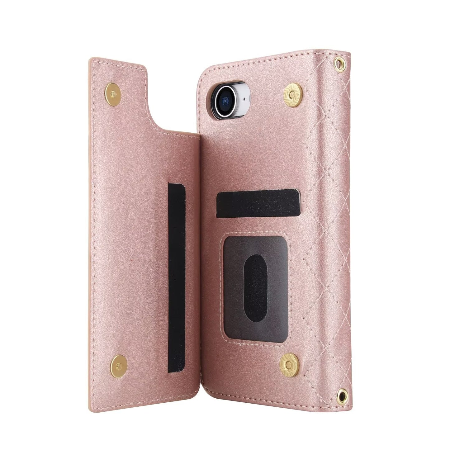Quilted Leather Wallet Case For iPhone 17 16 15 14 13 12 11 8 7 Pro Max Crossbody Strap Wristlet Flip Folio Card Holder Kickstand Phone Case Q18 - QuiltedCases