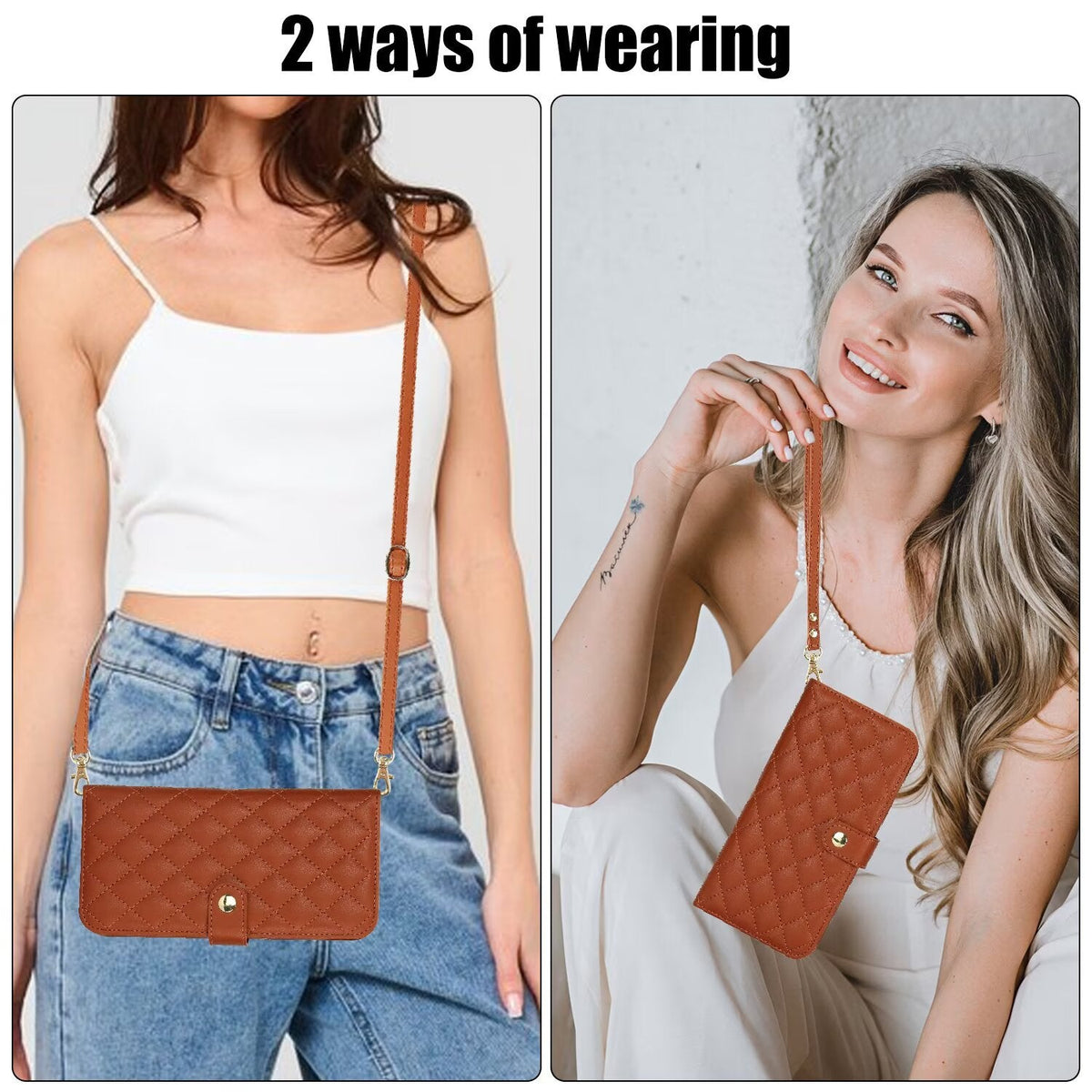 Quilted Leather Wallet Case For iPhone 17 16 15 14 13 12 11 8 7 Pro Max Crossbody Strap Wristlet Flip Folio Card Holder Kickstand Phone Case Q19 - QuiltedCases