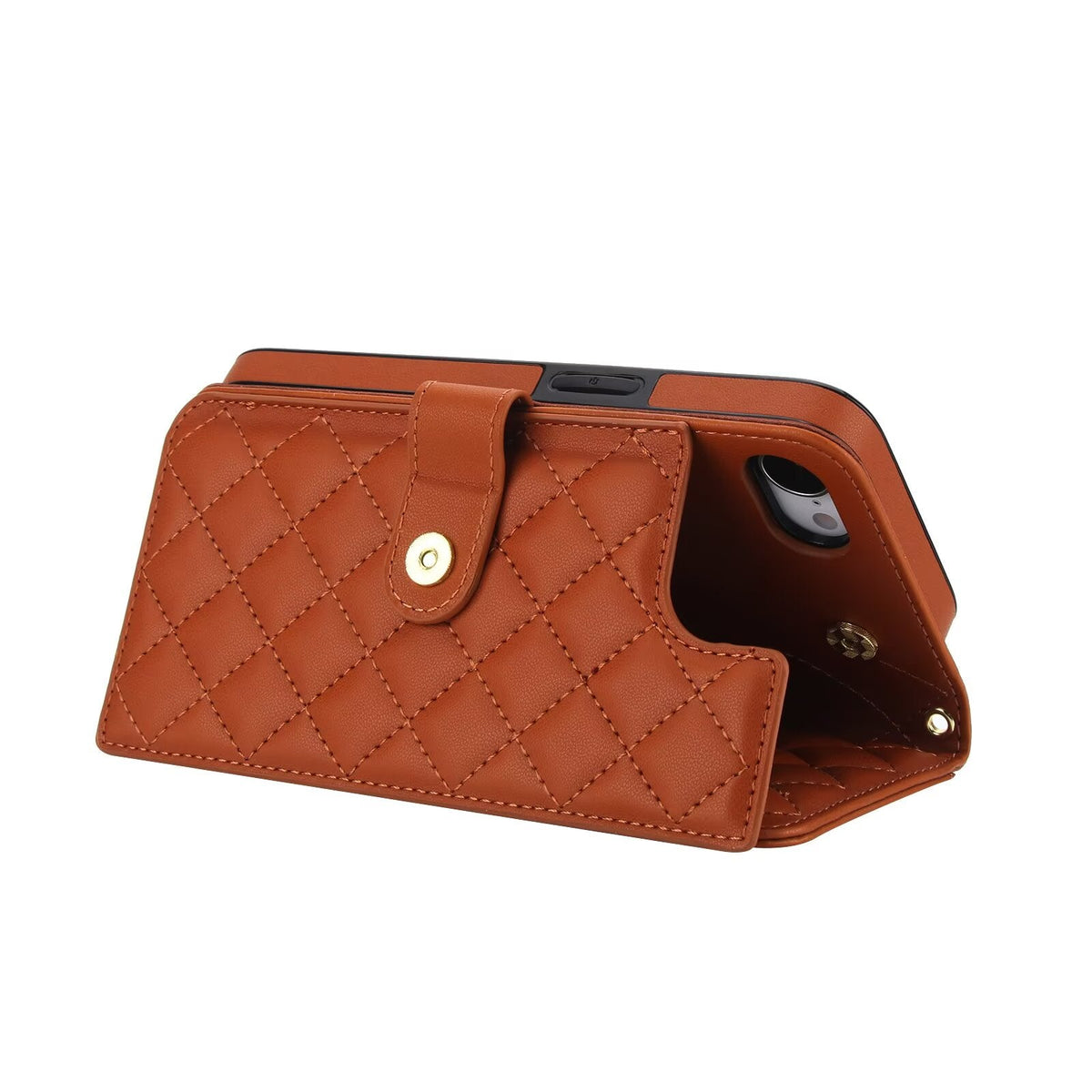Quilted Leather Wallet Case For iPhone 17 16 15 14 13 12 11 8 7 Pro Max Crossbody Strap Wristlet Flip Folio Card Holder Kickstand Phone Case Q19 - QuiltedCases