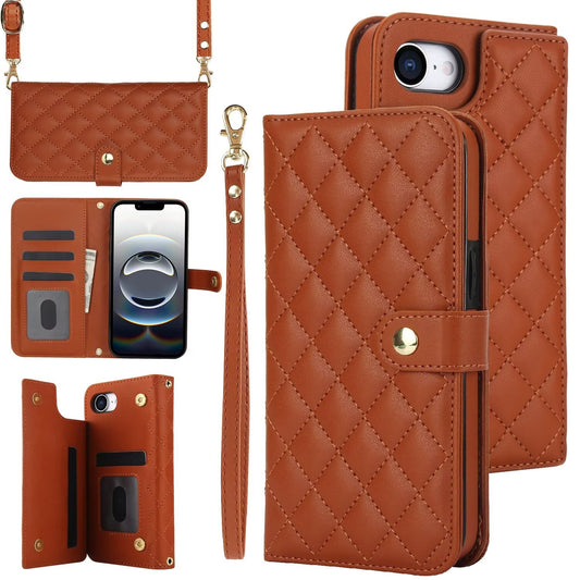 Quilted Leather Wallet Case For iPhone 17 16 15 14 13 12 11 8 7 Pro Max Crossbody Strap Wristlet Flip Folio Card Holder Kickstand Phone Case Q19 - QuiltedCases