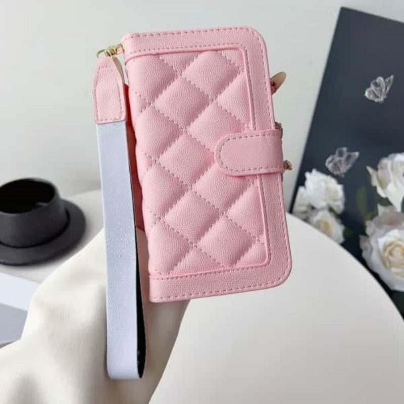 Quilted Leather Wallet Case For iPhone 17 16 15 14 13 12 11 Pro Max Card Slots & Wrist Strap Q49-3 - QuiltedCases