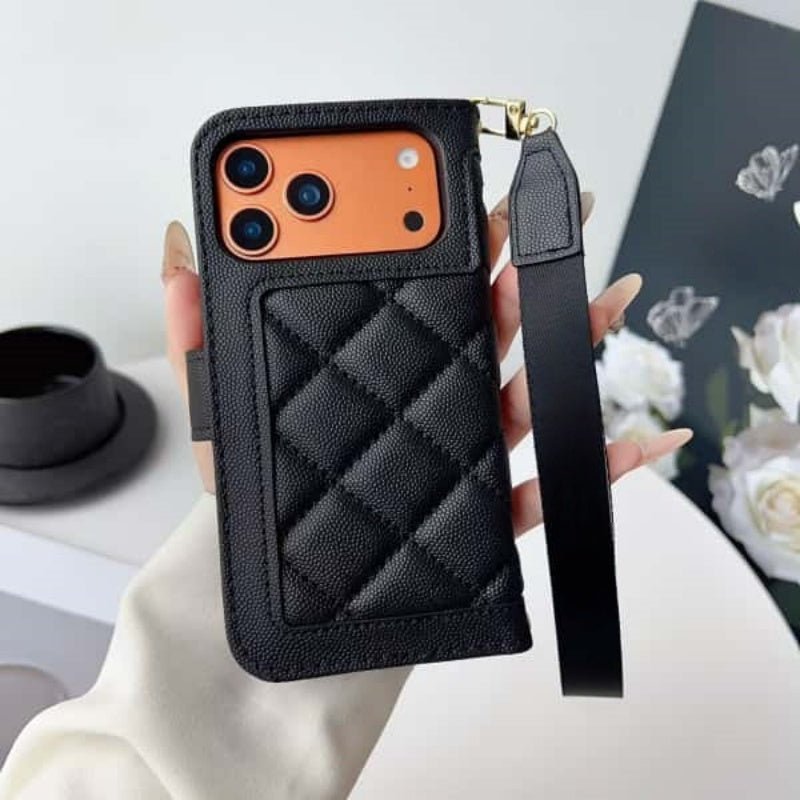 Quilted Leather Wallet Case For iPhone 17 16 15 14 13 12 11 Pro Max Card Slots & Wrist Strap Q49-3 - QuiltedCases