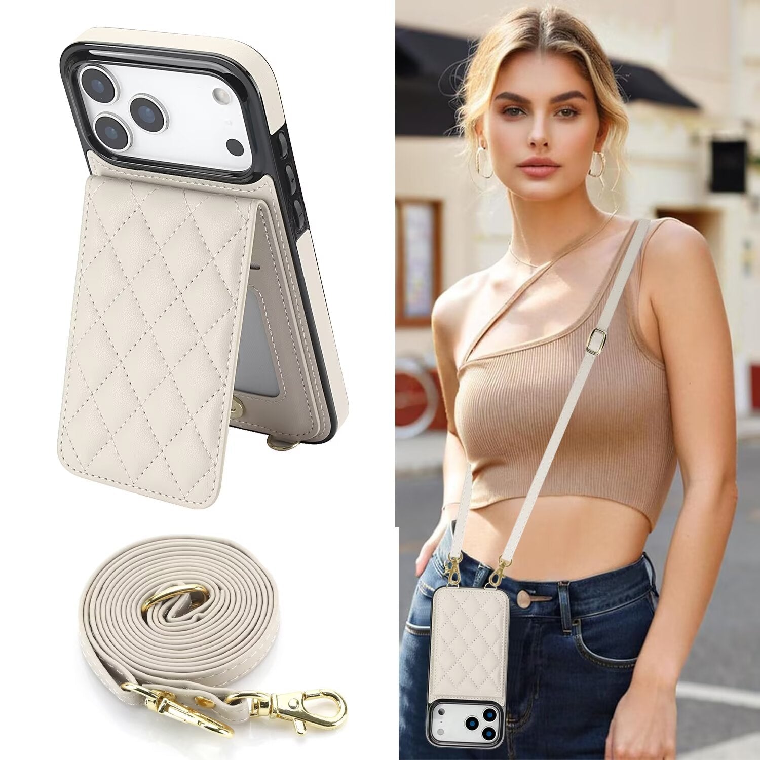 Quilted Leather Wallet Case For iPhone 17-7 Pro Max Flip Card Slot Kickstand Phone Cover With Detachable Lanyard Q1 - QuiltedCases