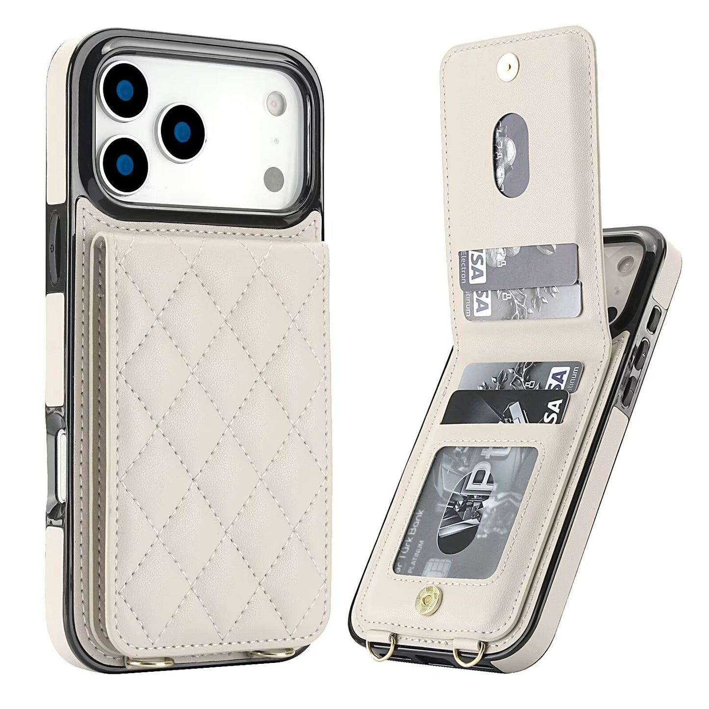 Quilted Leather Wallet Case For iPhone 17-7 Pro Max Flip Card Slot Kickstand Phone Cover With Detachable Lanyard Q1 - QuiltedCases