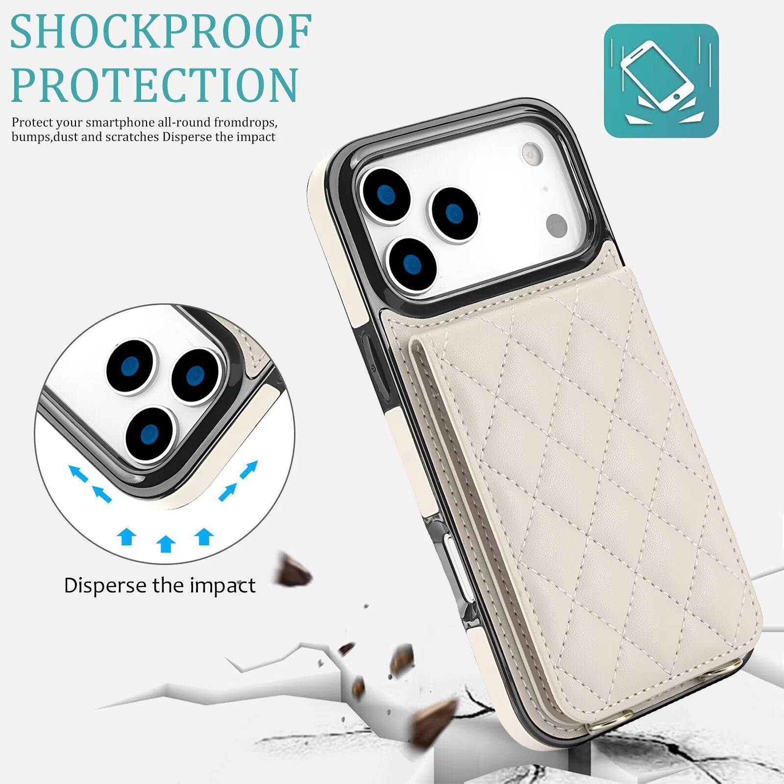 Quilted Leather Wallet Case For iPhone 17-7 Pro Max Flip Card Slot Kickstand Phone Cover With Detachable Lanyard Q1 - QuiltedCases