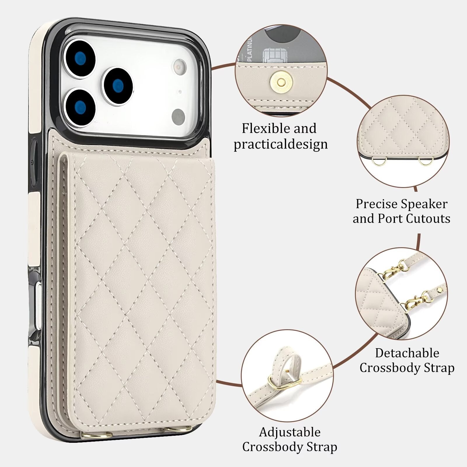 Quilted Leather Wallet Case For iPhone 17-7 Pro Max Flip Card Slot Kickstand Phone Cover With Detachable Lanyard Q1 - QuiltedCases