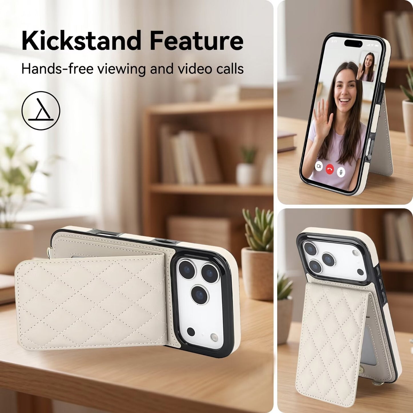 Quilted Leather Wallet Case For iPhone 17-7 Pro Max Flip Card Slot Kickstand Phone Cover With Detachable Lanyard Q1 - QuiltedCases