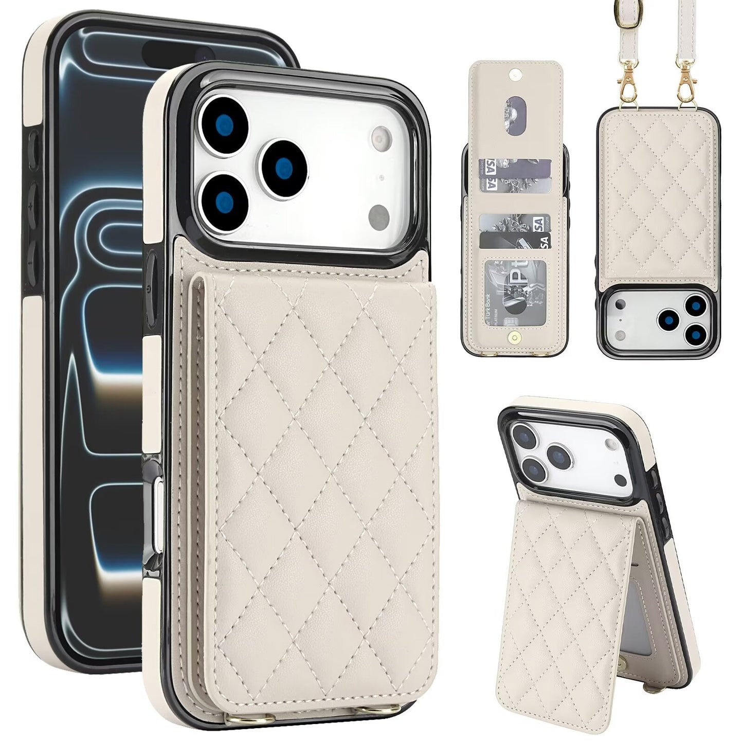 Quilted Leather Wallet Case For iPhone 17-7 Pro Max Flip Card Slot Kickstand Phone Cover With Detachable Lanyard Q1 - QuiltedCases