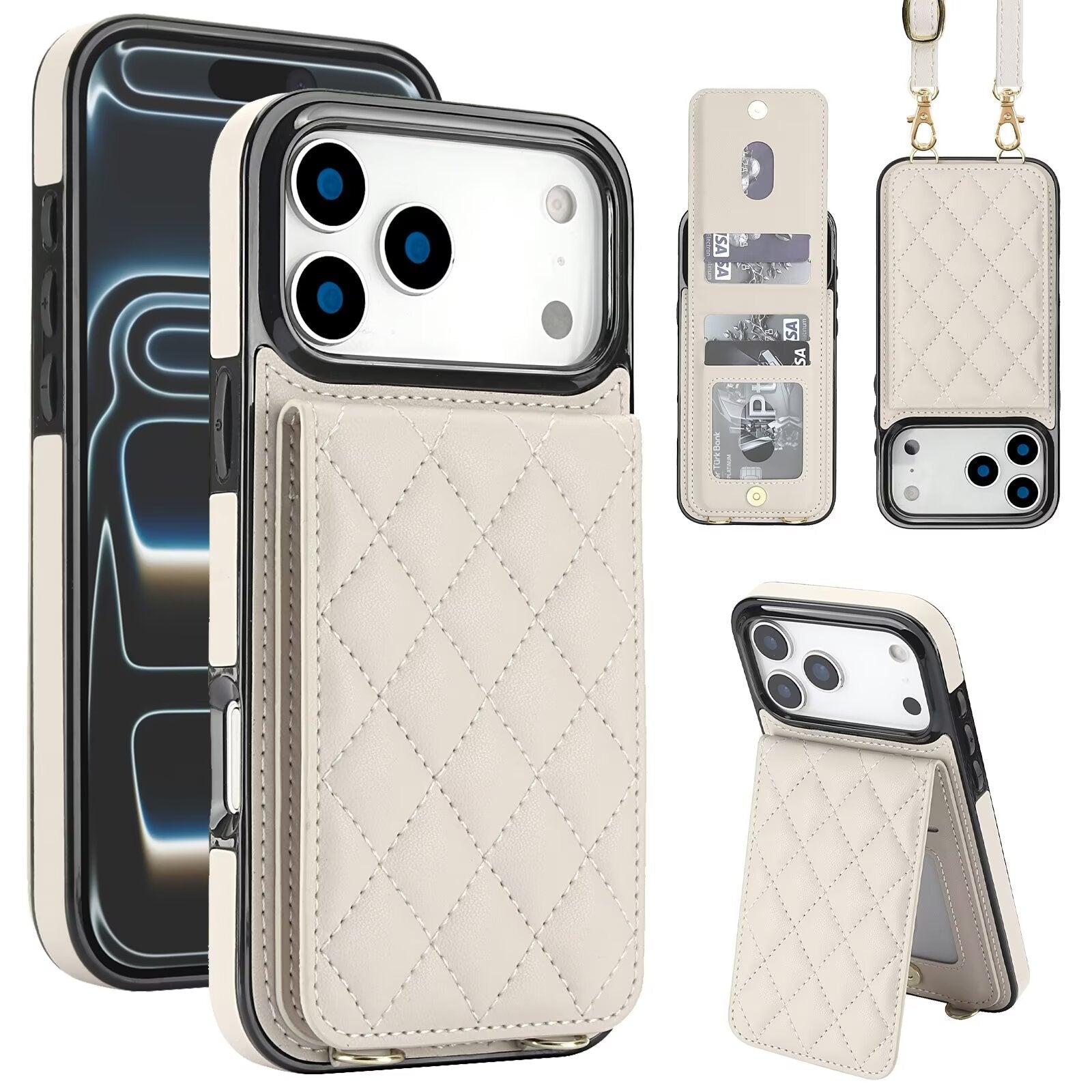 Quilted Leather Wallet Case For iPhone 17-7 Pro Max Flip Card Slot Kickstand Phone Cover With Detachable Lanyard Q1 - QuiltedCases