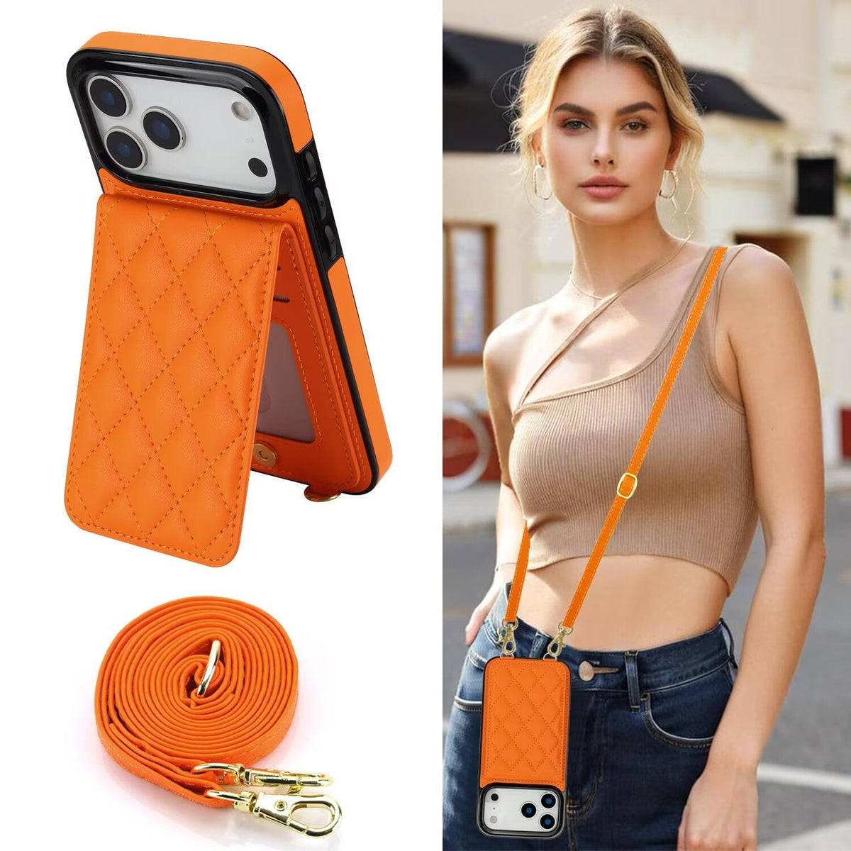 Quilted Leather Wallet Case For iPhone 17-7 Pro Max Flip Card Slot Kickstand Phone Cover With Detachable Lanyard Q2 - QuiltedCases