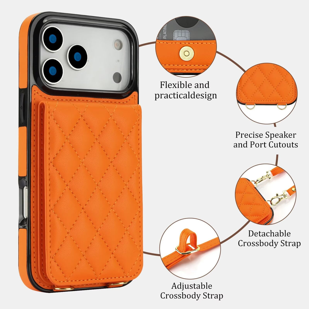 Quilted Leather Wallet Case For iPhone 17-7 Pro Max Flip Card Slot Kickstand Phone Cover With Detachable Lanyard Q2 - QuiltedCases