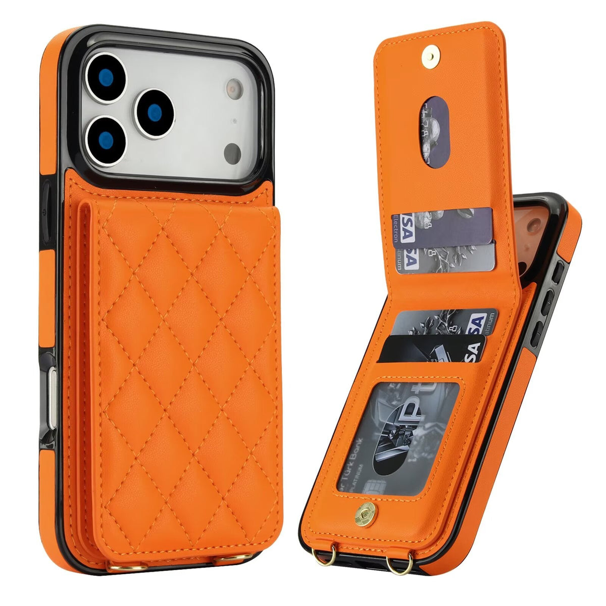 Quilted Leather Wallet Case For iPhone 17-7 Pro Max Flip Card Slot Kickstand Phone Cover With Detachable Lanyard Q2 - QuiltedCases