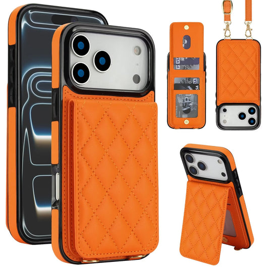 Quilted Leather Wallet Case For iPhone 17-7 Pro Max Flip Card Slot Kickstand Phone Cover With Detachable Lanyard Q2 - QuiltedCases