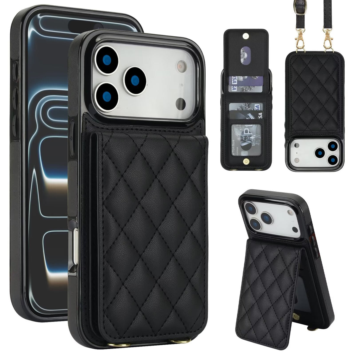 Quilted Leather Wallet Case For iPhone 17-7 Pro Max Flip Card Slot Kickstand Phone Cover With Detachable Lanyard Q3 - QuiltedCases