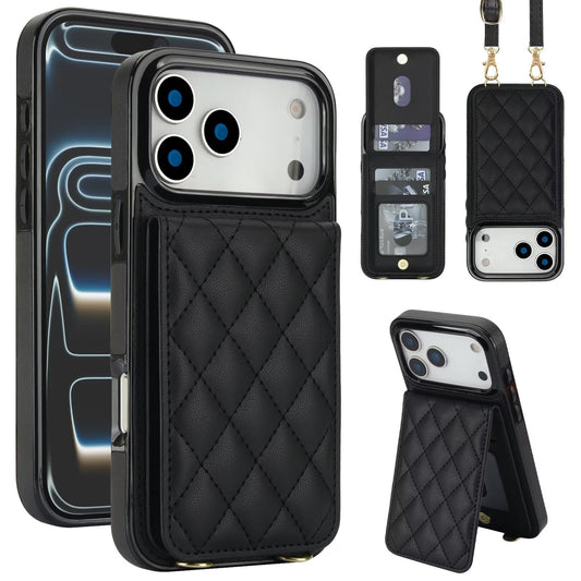 Quilted Leather Wallet Case For iPhone 17-7 Pro Max Flip Card Slot Kickstand Phone Cover With Detachable Lanyard Q3 - QuiltedCases