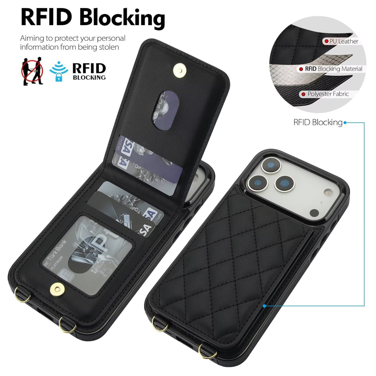 Quilted Leather Wallet Case For iPhone 17-7 Pro Max Flip Card Slot Kickstand Phone Cover With Detachable Lanyard Q3 - QuiltedCases