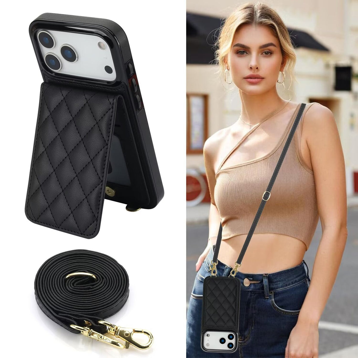 Quilted Leather Wallet Case For iPhone 17-7 Pro Max Flip Card Slot Kickstand Phone Cover With Detachable Lanyard Q3 - QuiltedCases