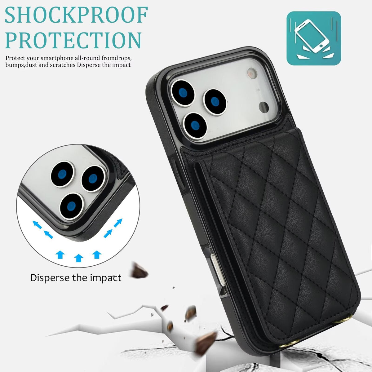 Quilted Leather Wallet Case For iPhone 17-7 Pro Max Flip Card Slot Kickstand Phone Cover With Detachable Lanyard Q3 - QuiltedCases