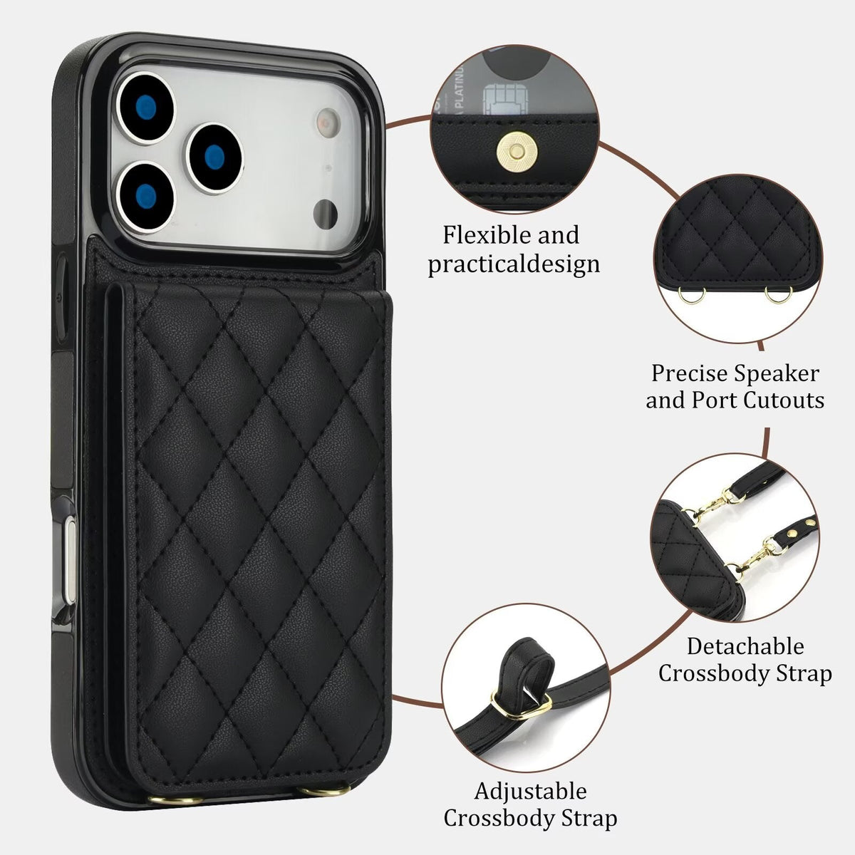 Quilted Leather Wallet Case For iPhone 17-7 Pro Max Flip Card Slot Kickstand Phone Cover With Detachable Lanyard Q3 - QuiltedCases
