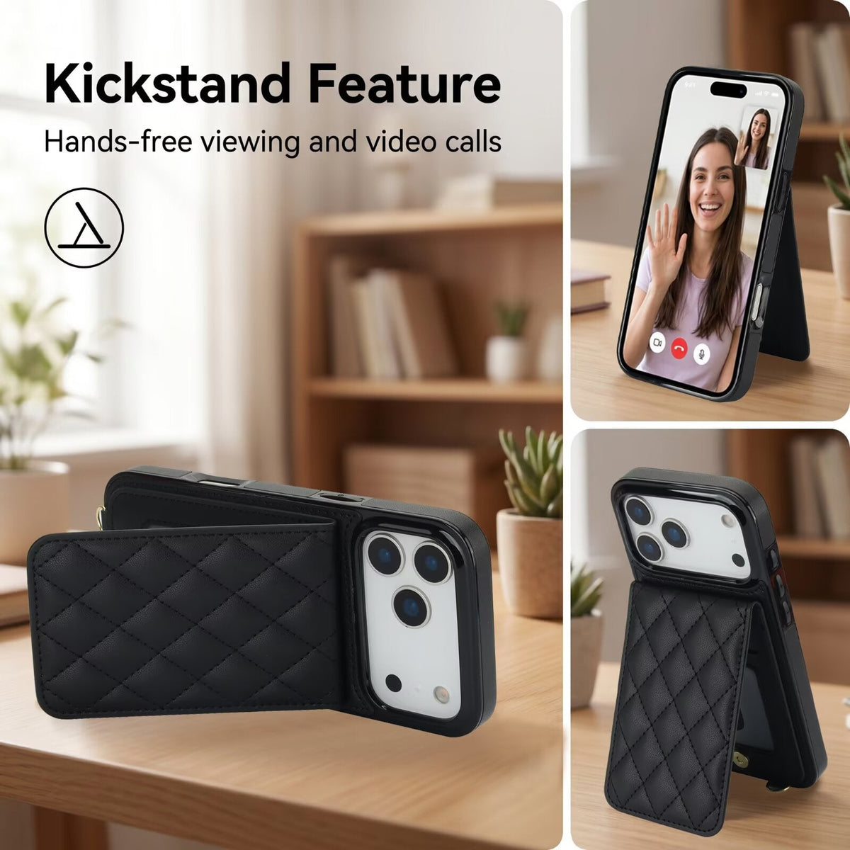 Quilted Leather Wallet Case For iPhone 17-7 Pro Max Flip Card Slot Kickstand Phone Cover With Detachable Lanyard Q3 - QuiltedCases
