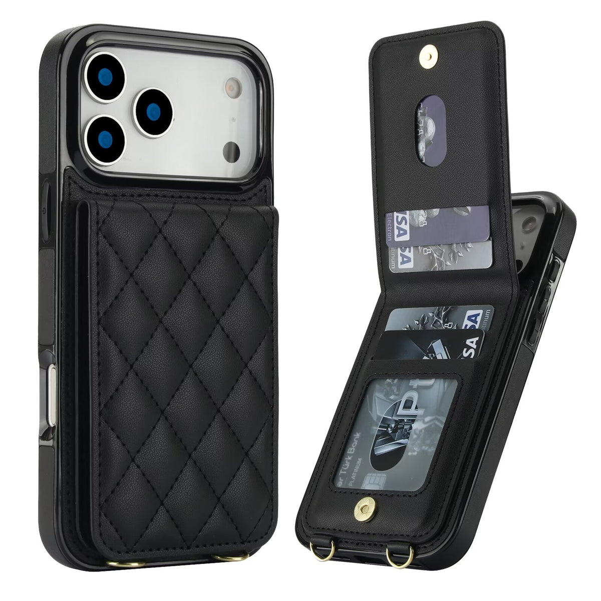 Quilted Leather Wallet Case For iPhone 17-7 Pro Max Flip Card Slot Kickstand Phone Cover With Detachable Lanyard Q3 - QuiltedCases