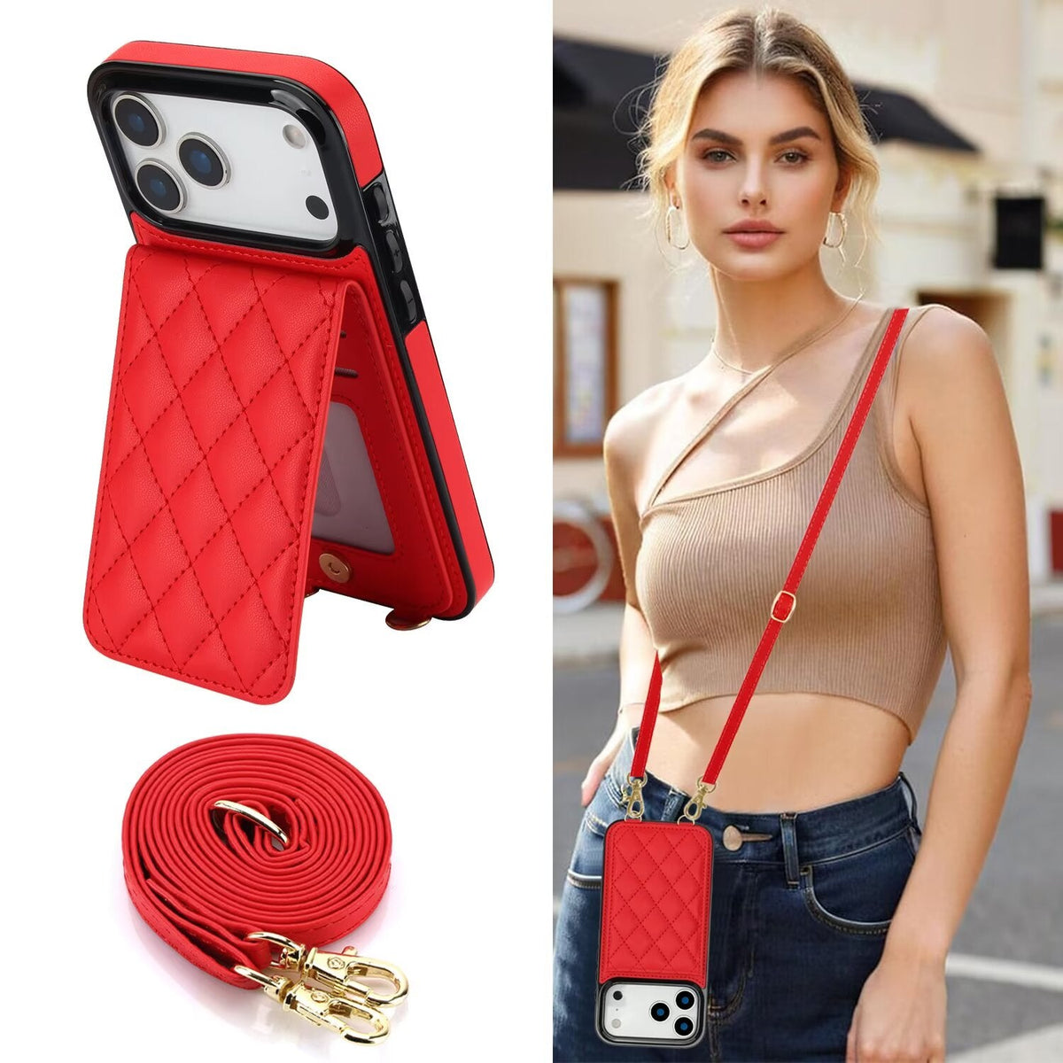 Quilted Leather Wallet Case For iPhone 17-7 Pro Max Flip Card Slot Kickstand Phone Cover With Detachable Lanyard Q4 - QuiltedCases