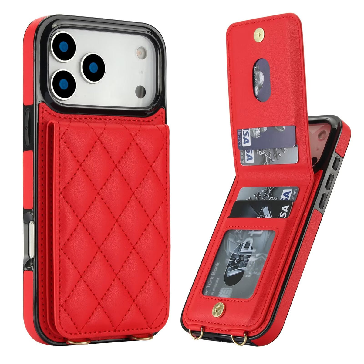 Quilted Leather Wallet Case For iPhone 17-7 Pro Max Flip Card Slot Kickstand Phone Cover With Detachable Lanyard Q4 - QuiltedCases