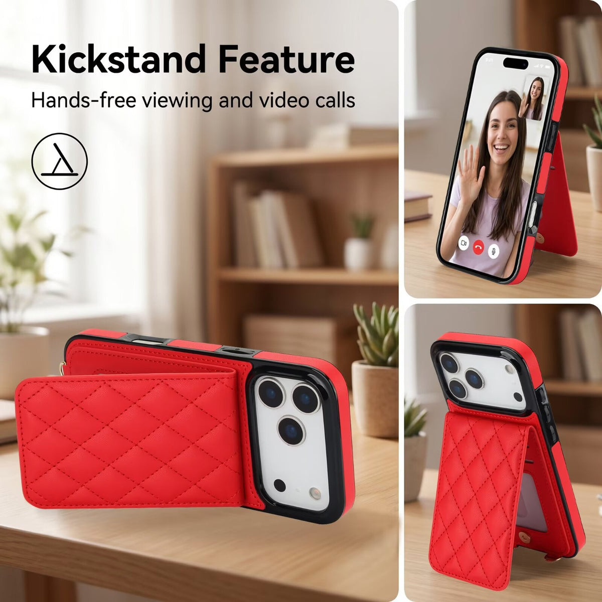 Quilted Leather Wallet Case For iPhone 17-7 Pro Max Flip Card Slot Kickstand Phone Cover With Detachable Lanyard Q4 - QuiltedCases