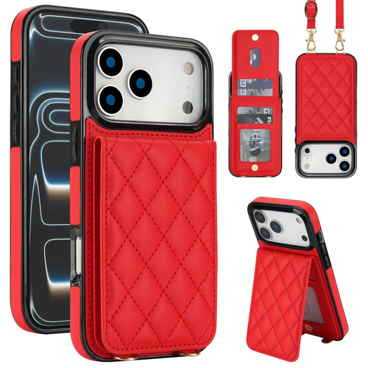 Quilted Leather Wallet Case For iPhone 17-7 Pro Max Flip Card Slot Kickstand Phone Cover With Detachable Lanyard Q4 - QuiltedCases