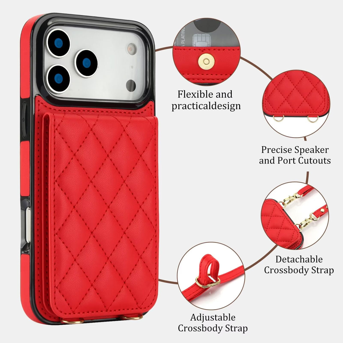 Quilted Leather Wallet Case For iPhone 17-7 Pro Max Flip Card Slot Kickstand Phone Cover With Detachable Lanyard Q4 - QuiltedCases