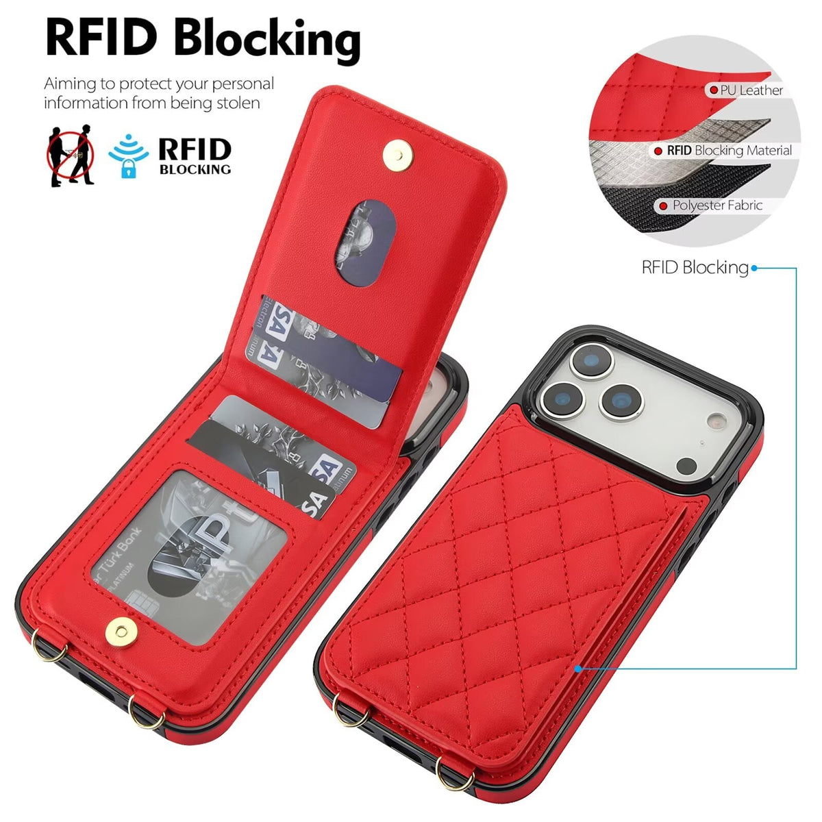 Quilted Leather Wallet Case For iPhone 17-7 Pro Max Flip Card Slot Kickstand Phone Cover With Detachable Lanyard Q4 - QuiltedCases