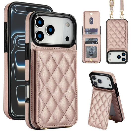Quilted Leather Wallet Case For iPhone 17-7 Pro Max Flip Card Slot Kickstand Phone Cover With Detachable Lanyard Q5 - QuiltedCases