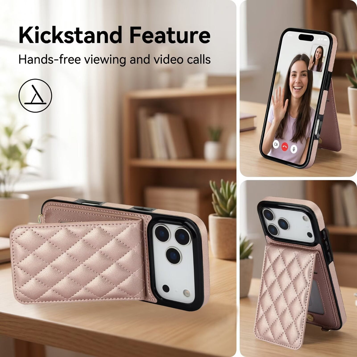 Quilted Leather Wallet Case For iPhone 17-7 Pro Max Flip Card Slot Kickstand Phone Cover With Detachable Lanyard Q5 - QuiltedCases