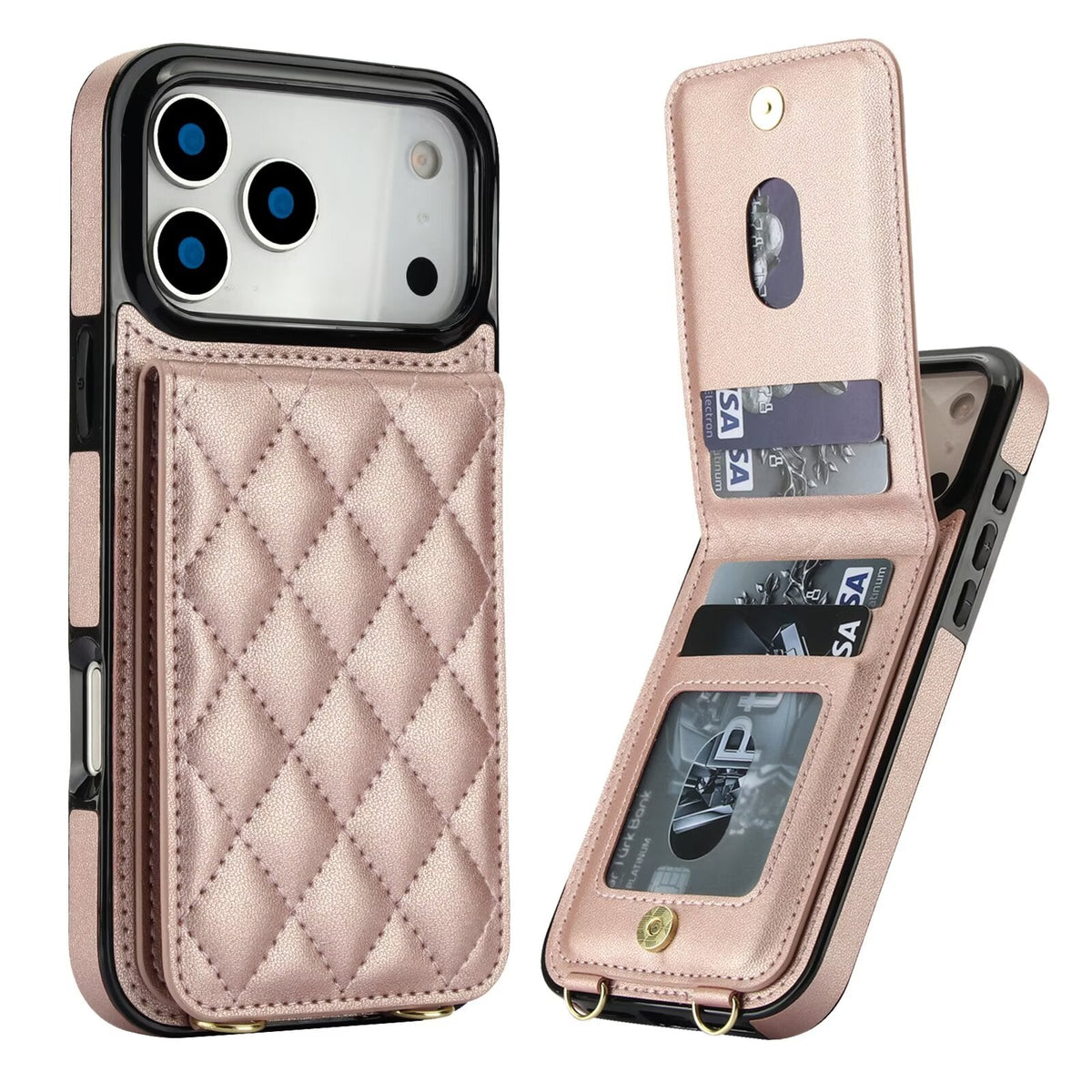 Quilted Leather Wallet Case For iPhone 17-7 Pro Max Flip Card Slot Kickstand Phone Cover With Detachable Lanyard Q5 - QuiltedCases