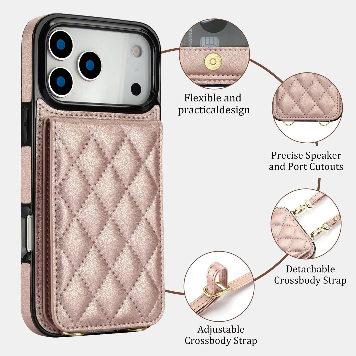 Quilted Leather Wallet Case For iPhone 17-7 Pro Max Flip Card Slot Kickstand Phone Cover With Detachable Lanyard Q5 - QuiltedCases