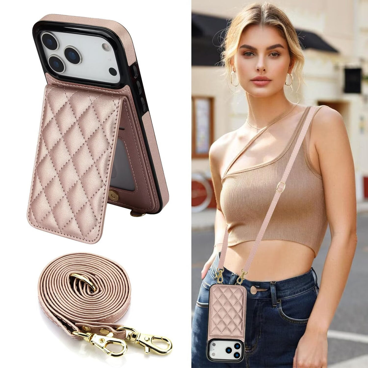 Quilted Leather Wallet Case For iPhone 17-7 Pro Max Flip Card Slot Kickstand Phone Cover With Detachable Lanyard Q5 - QuiltedCases