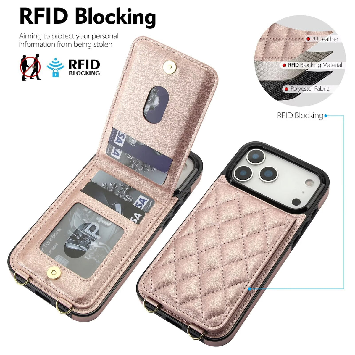 Quilted Leather Wallet Case For iPhone 17-7 Pro Max Flip Card Slot Kickstand Phone Cover With Detachable Lanyard Q5 - QuiltedCases
